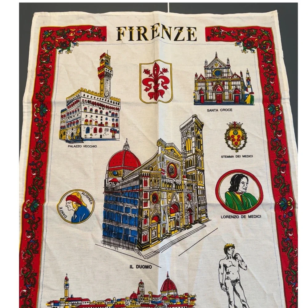 Vintage Firenze Florence Italy Souvenir Tea Towel 100% Cotton Made in Italy